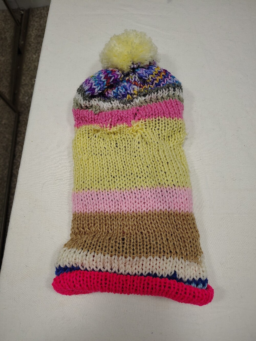 Kids Striped Pom Knit Beanie Hat in Yellow, Pink & Brown